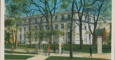 Painted illustration of Harris Hall from the Archives