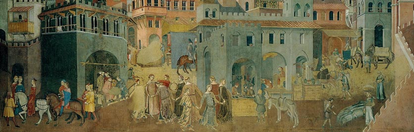 Ambrogio Lorenzetti, "Effetti del buon governo," Sienna, 1338. Wikicommons.